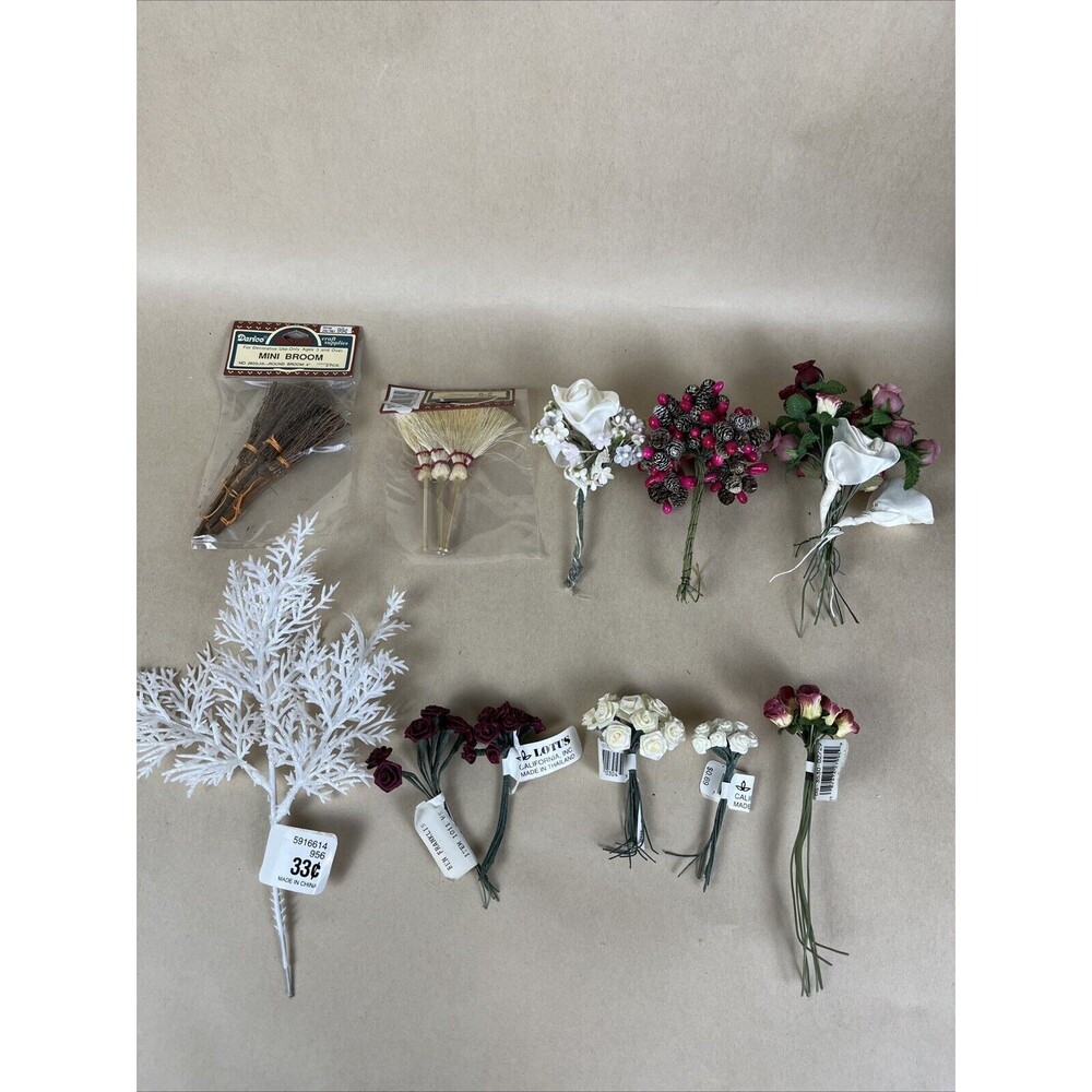 VTG Lot Mini Satin Ribbon Rose Flowers Wire Stem, Brooms Wedding Shower Craft